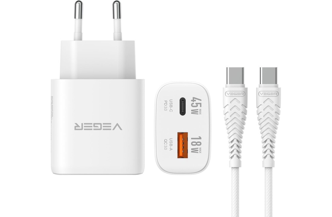 Veger snellader 45 Watt 2x USB Poort + USB-C Kabel 1,5m Nylon Wit
