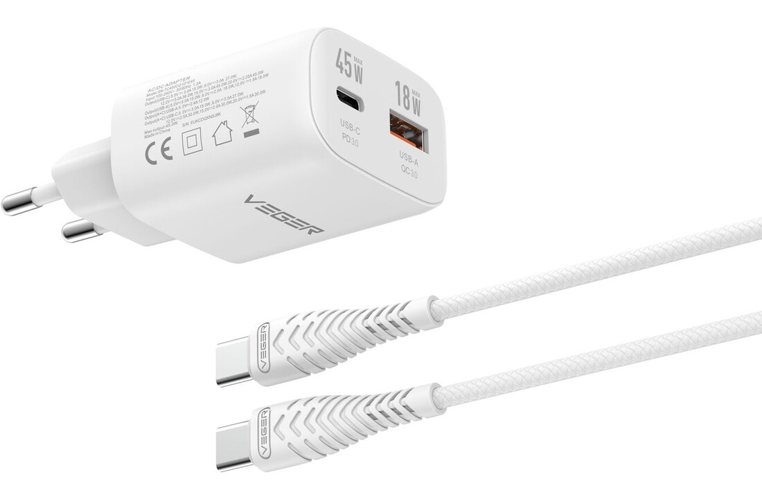 Veger snellader 45 Watt 2x USB Poort + USB-C Kabel 1,5m Nylon Wit