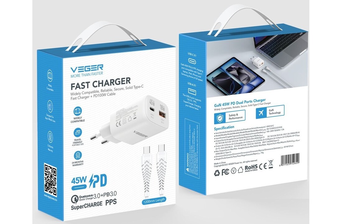 Veger snellader 45 Watt 2x USB Poort + USB-C Kabel 1,5m Nylon Wit