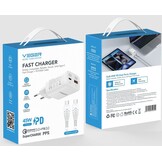 Veger snellader 45 Watt 2x USB Poort + USB-C Kabel 1,5m Nylon Wit