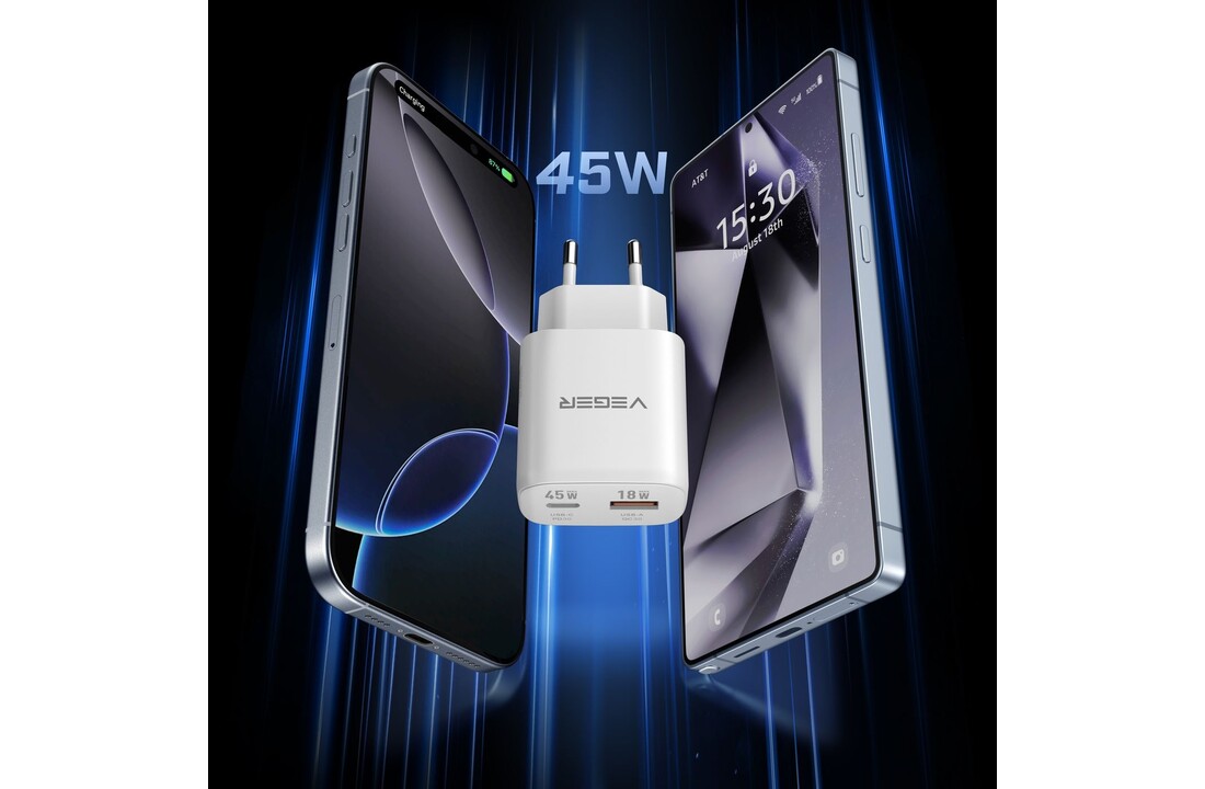 Veger snellader 45 Watt 2x USB Poort + USB-C Kabel 1,5m Nylon Wit