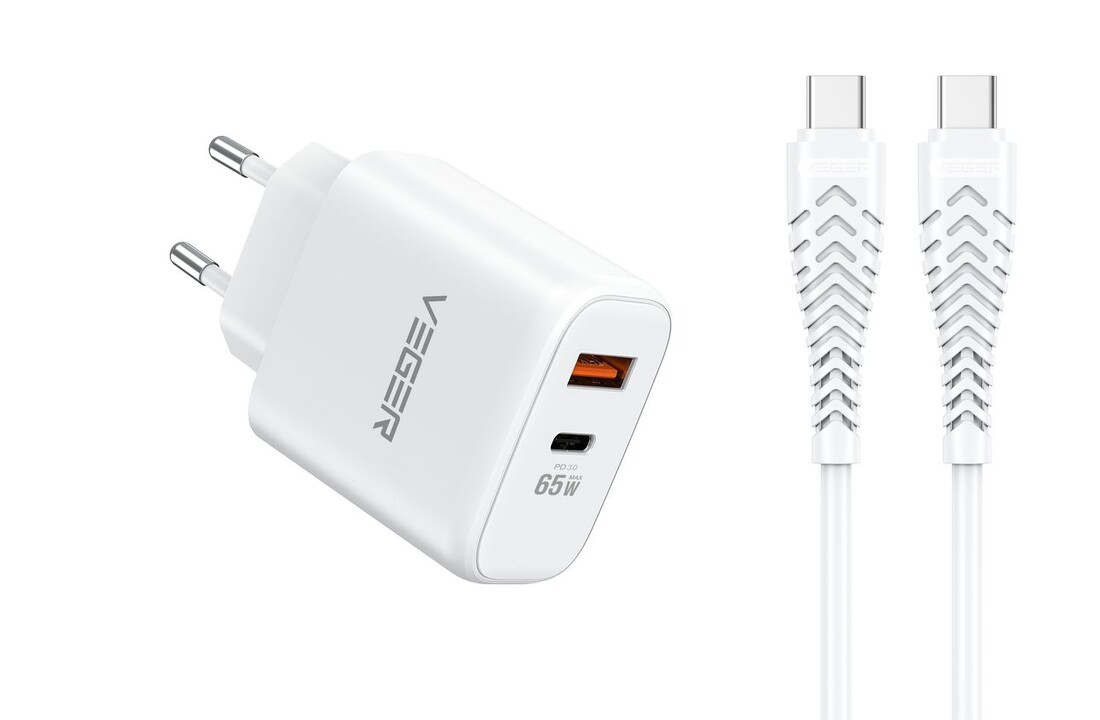 Veger snellader 65 Watt 2x USB Poort + USB-C Kabel 1,5m Nylon Wit