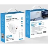 Veger snellader 65 Watt 2x USB Poort + USB-C Kabel 1,5m Nylon Wit