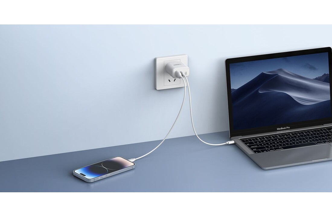 Veger snellader 65 Watt 2x USB Poort + USB-C Kabel 1,5m Nylon Wit