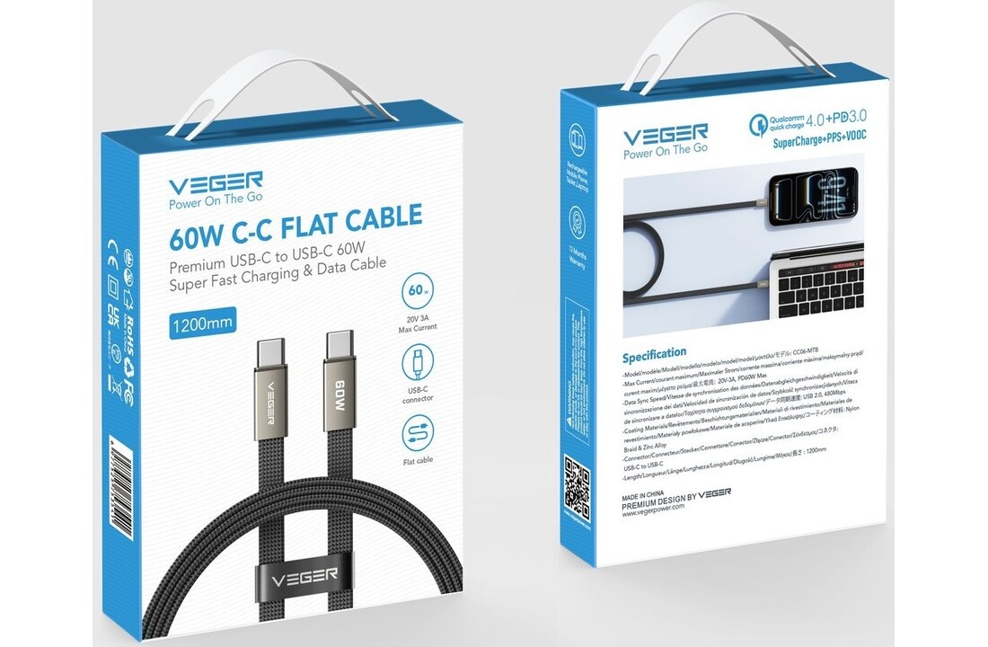 Veger CC06 USB-C naar USB-C kabel 1.2m Braided Flat 60 Watt