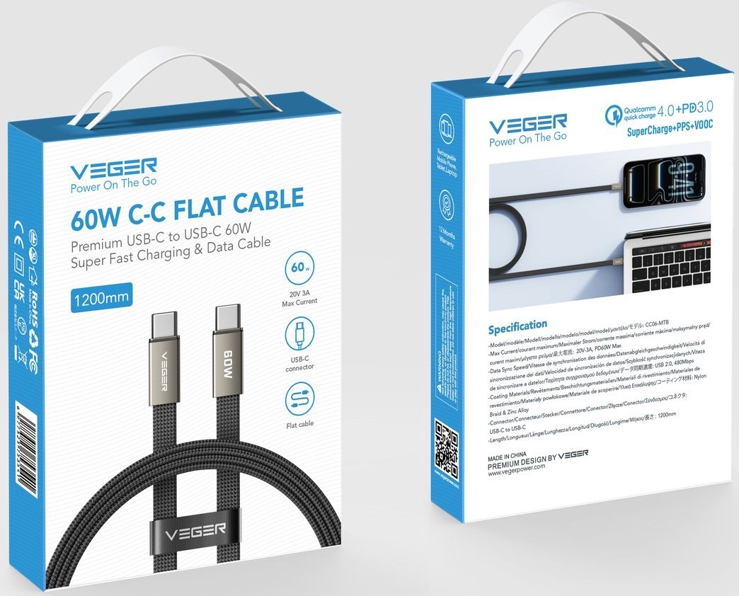 Veger CC06 USB-C naar USB-C kabel 1.2m Braided Flat 60 Watt