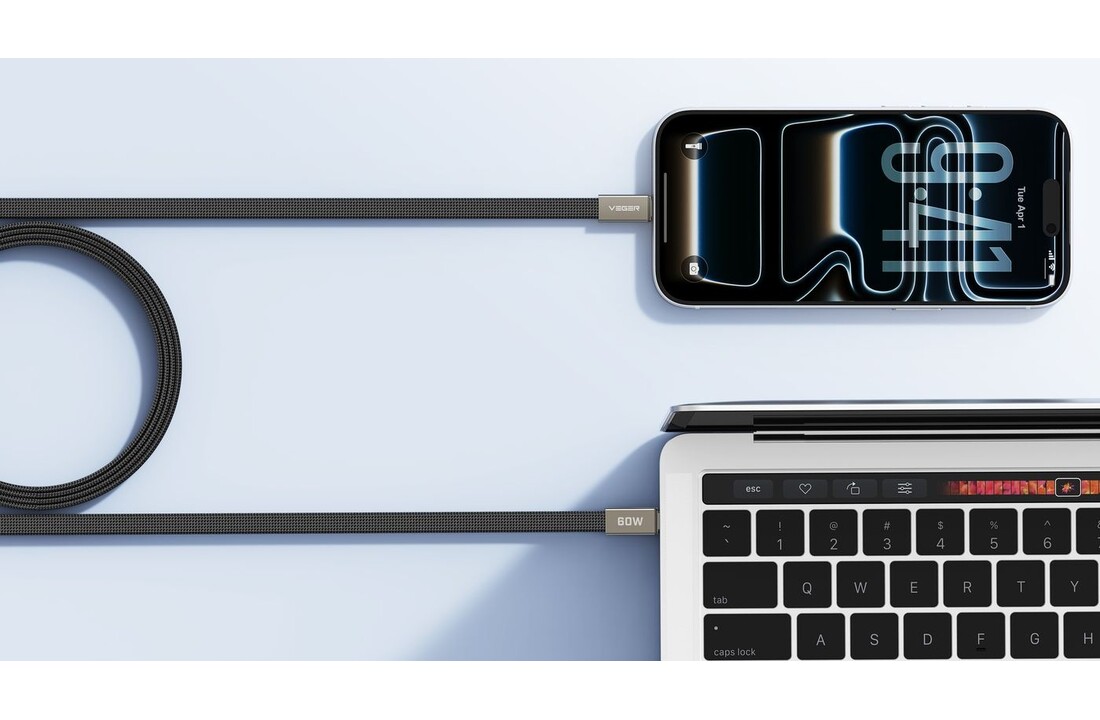 Veger CC06 USB-C naar USB-C kabel 1.2m Braided Flat 60 Watt