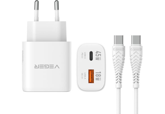 Veger snellader 45 Watt 2x USB Poort + USB-C Kabel 1,5m Nylon Wit