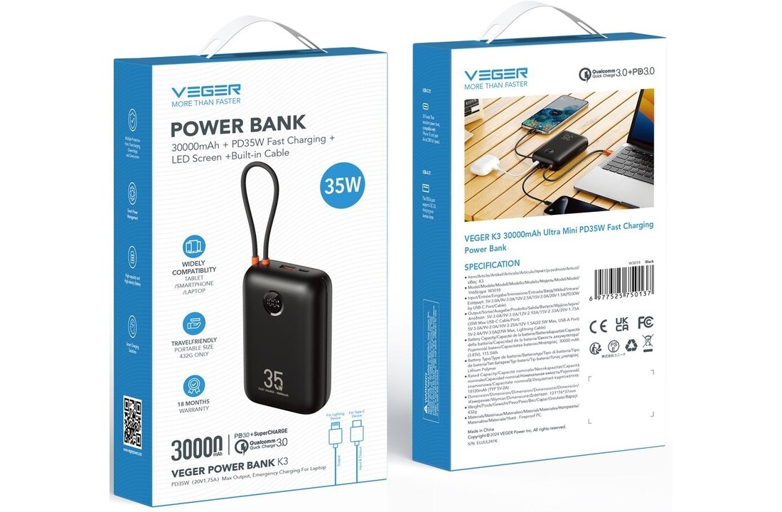Veger K1 W1188 10.000 mAh Powerbank Zwart - Powerbank