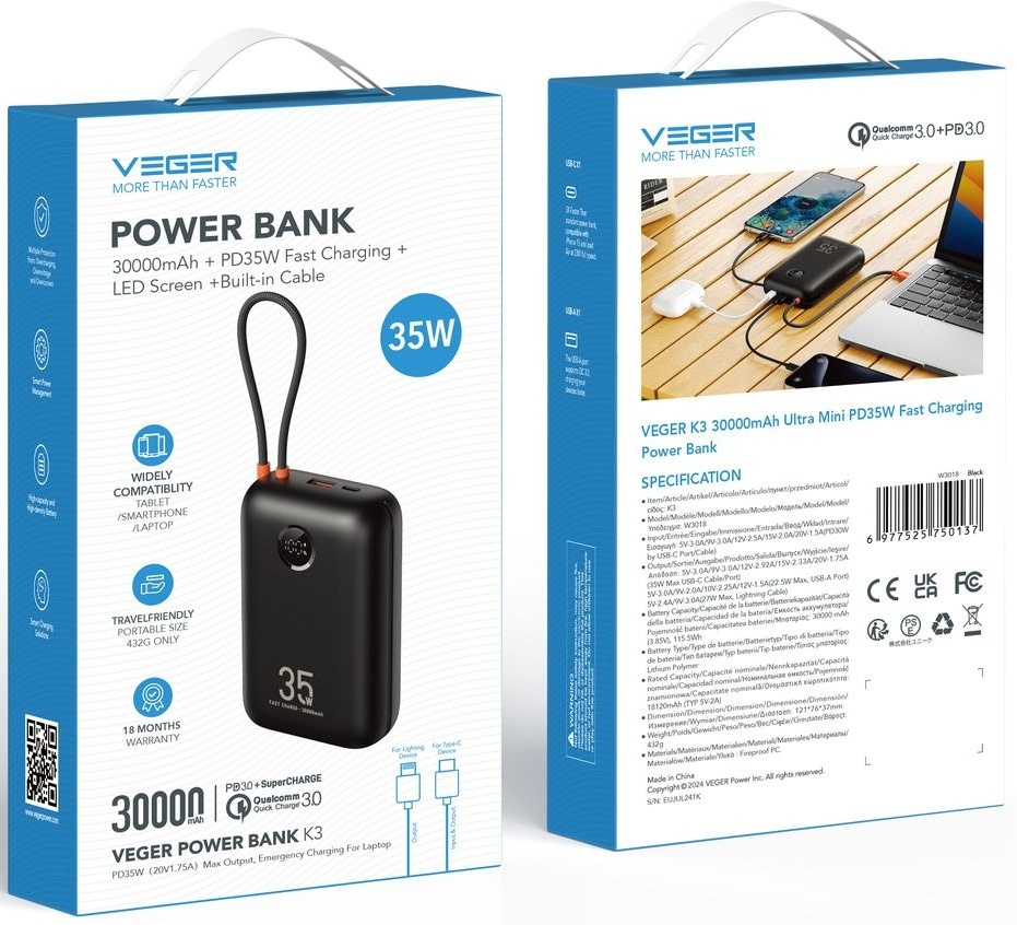 Veger K1 W1188 10.000 mAh Powerbank Zwart - Powerbank