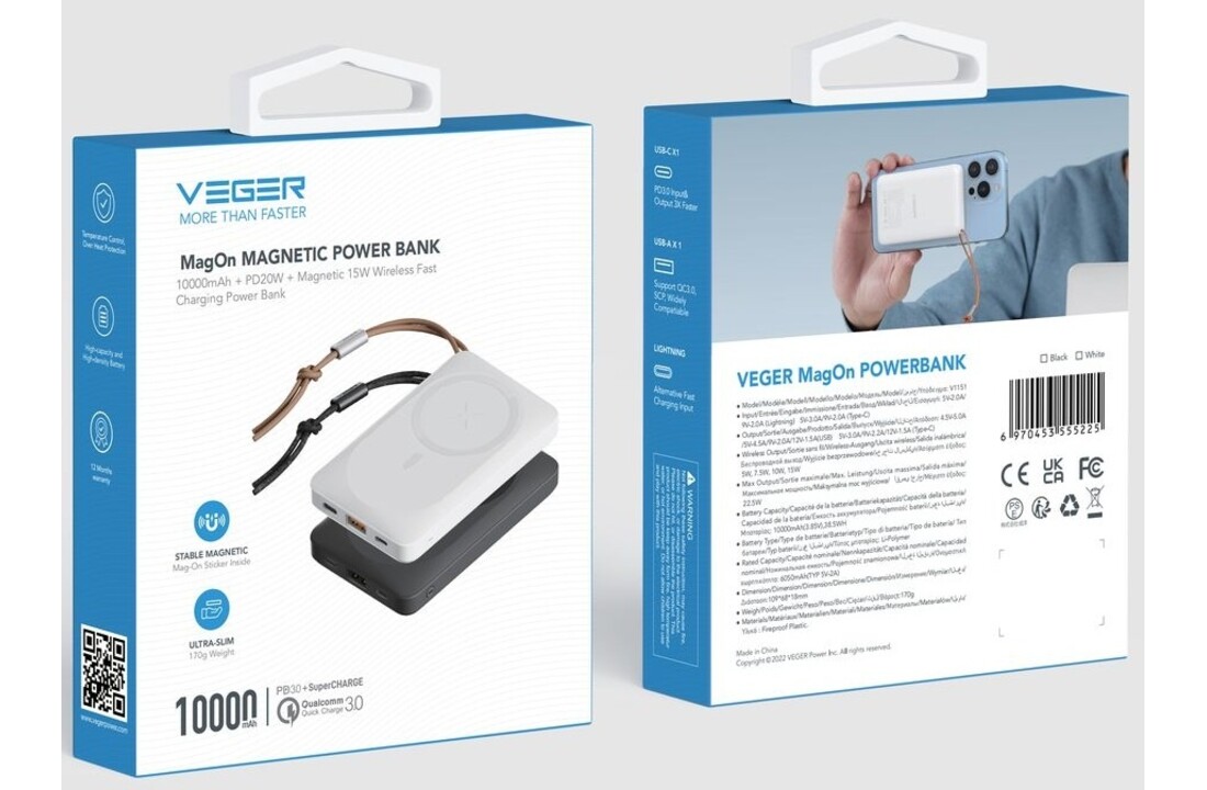 Veger MagOn W1151 10.000mAh Powerbank Zwart - Powerbank