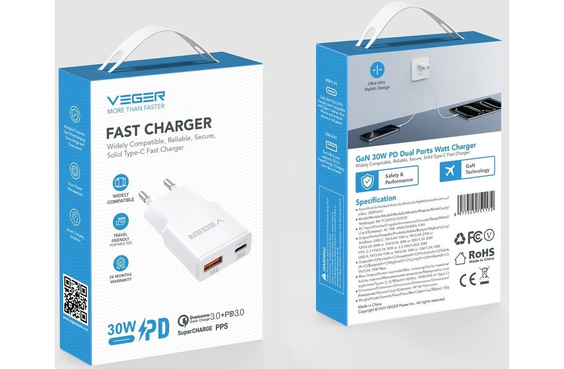 Veger USB-A naar USB-C QC PD 30W 30W1A1C telefoonoplader