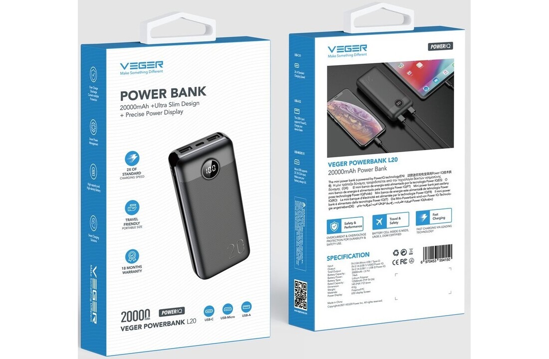 Veger L20S W2039PD 20.000 mAh Zwart - Powerbank