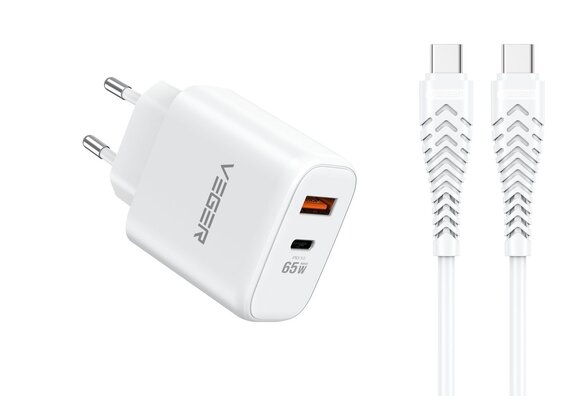 Veger snellader 65 Watt 2x USB Poort + USB-C Kabel 1,5m Nylon Wit
