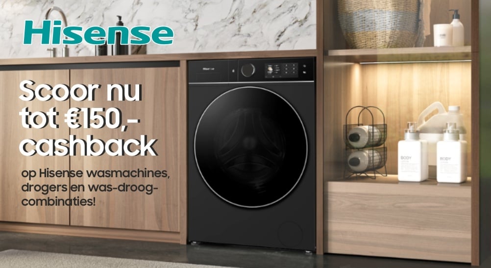 Tot €150 cashback op een Hisense wasmachine, droger of was-droogcombinatie