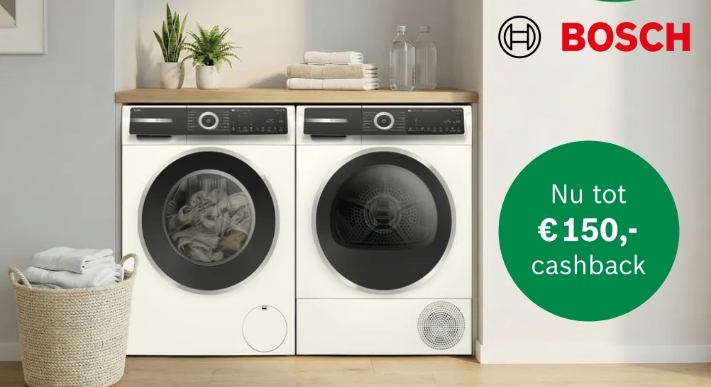 Tot €150 cashback op Bosch wasmachines, drogers en was-droogcombinaties