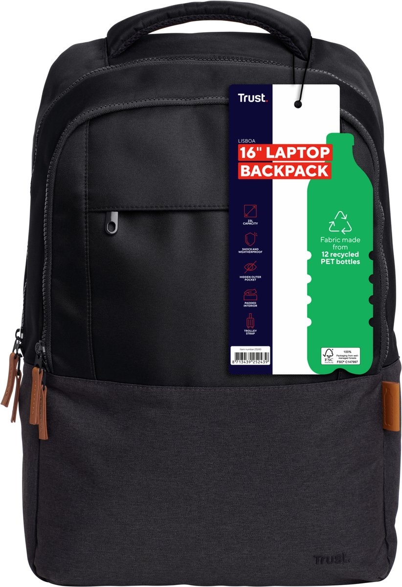 Trust Lisboa 16 inch laptoprugzak Eco Zwart - Laptoptas