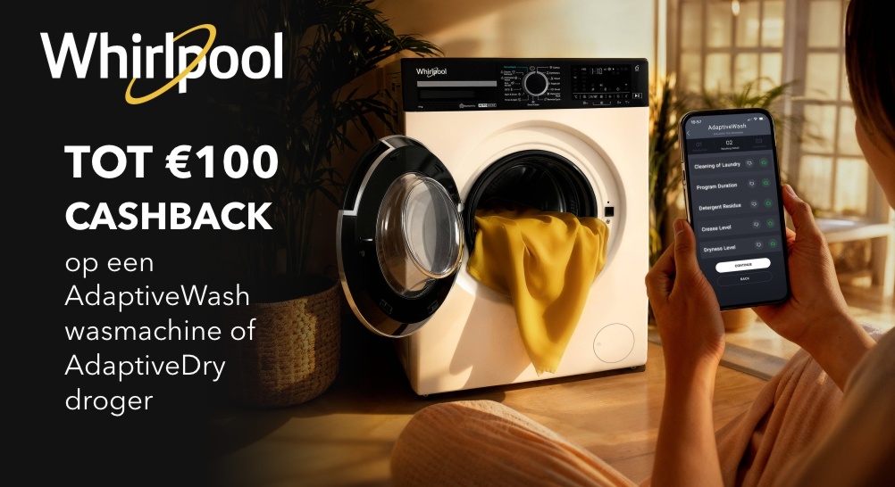 Tot € 100 cashback bij een Whirlpool AdaptiveWash wasmachine of AdaptiveDry droger