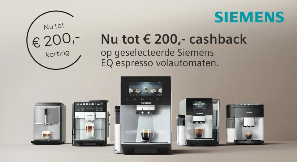 Tot € 200,- cashback op Siemens EQ espresso volautomaten