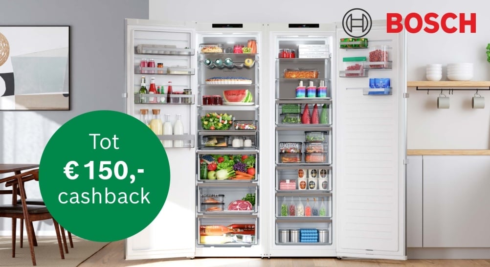 Tot € 150,- cashback op Bosch koel-vriescombinaties, koelkasten en vriezers.