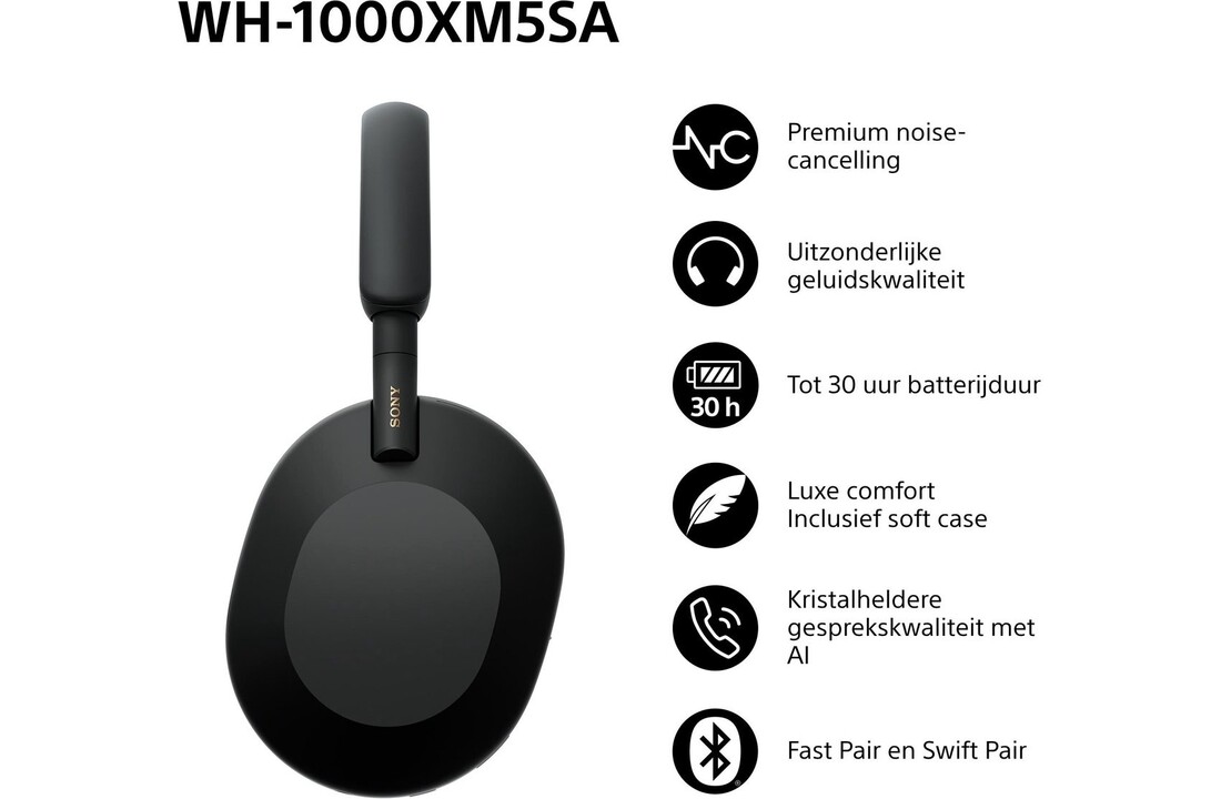 Sony WH-1000XM5SA Zwart incl. SoftCase - Draadloze koptelefoon