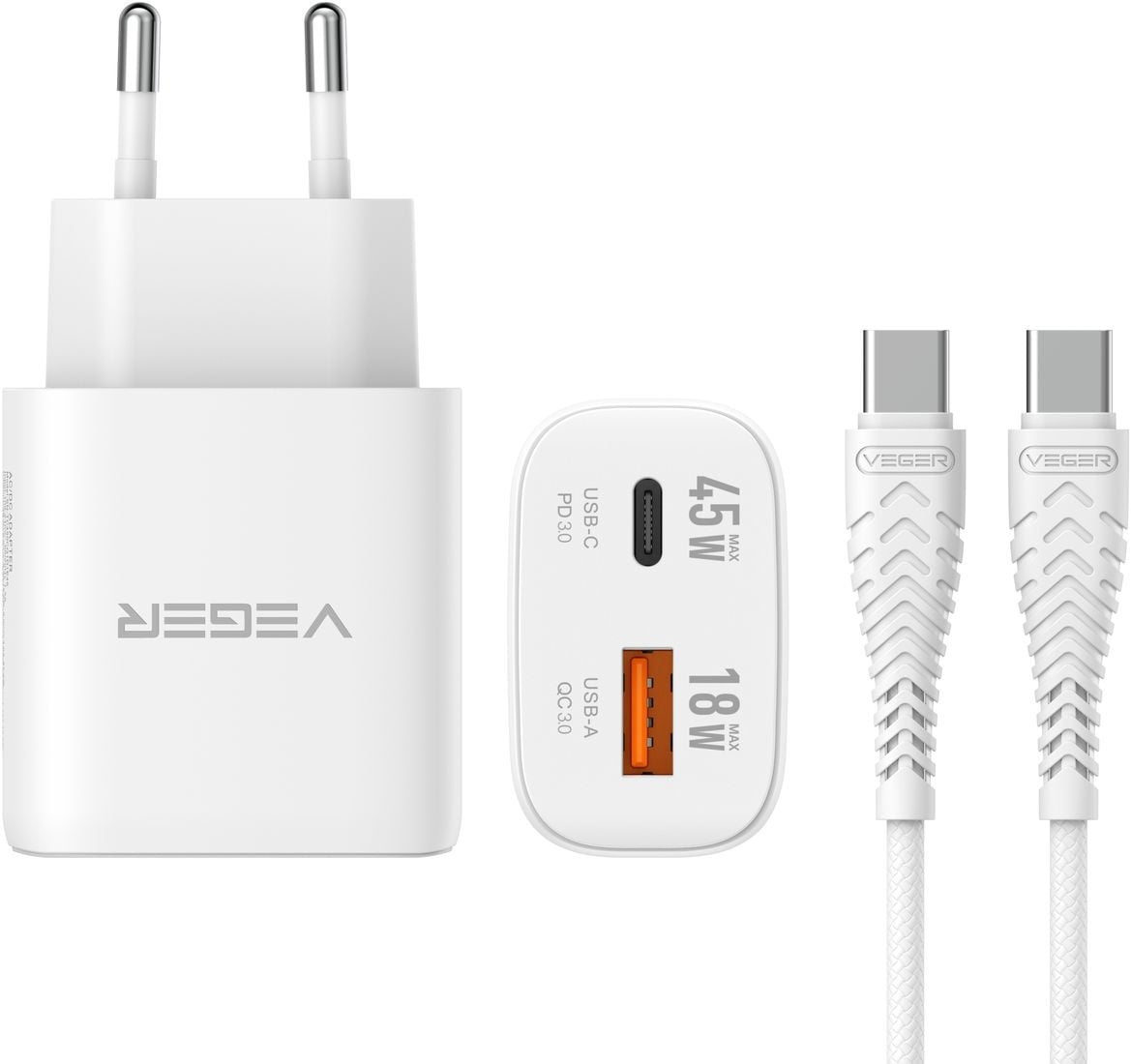 Veger snellader 45 Watt 2x USB Poort + USB-C Kabel 1,5m Nylon Wit