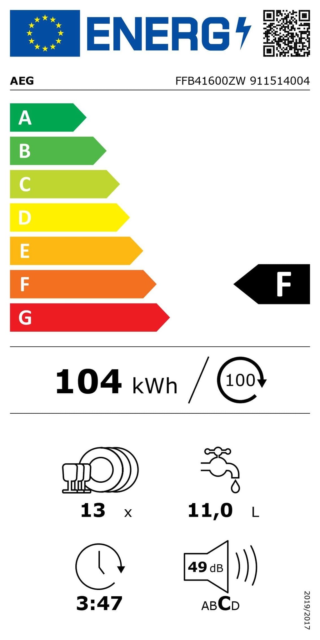 AEG FFB41600ZW vaatwasser vrijstaand A+ 47dB
