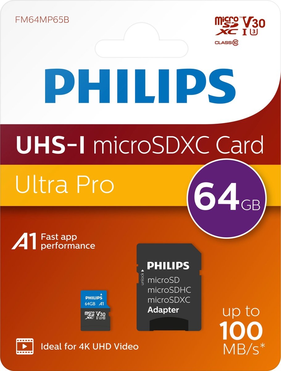 Philips MicroSDXC UHS-I U3 Kaart 64GB - Micro SD kaart