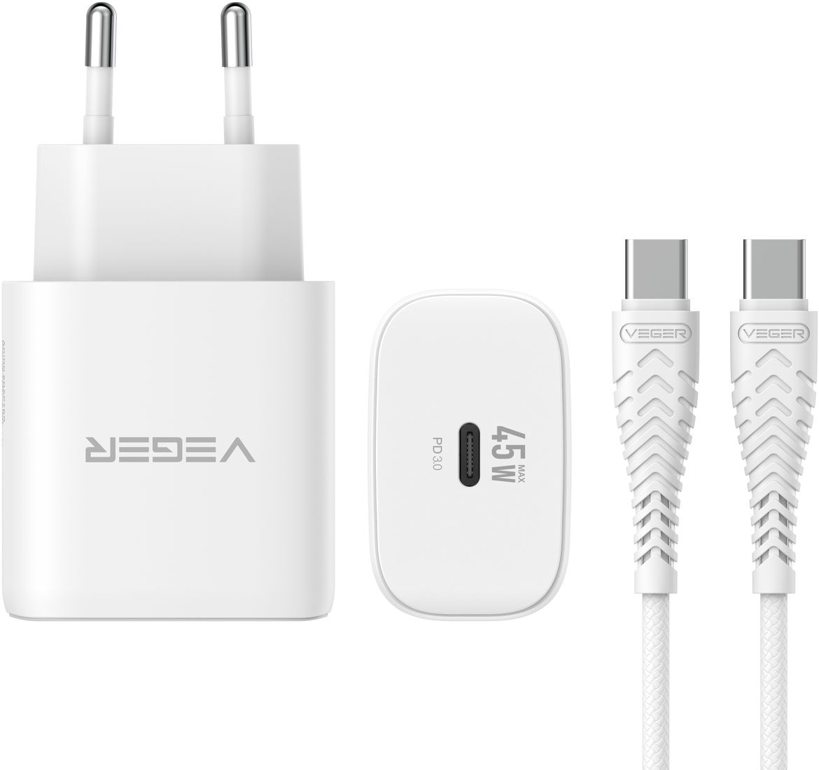 Veger snellader 45 Watt + USB-C Kabel 1,5m Nylon Wit