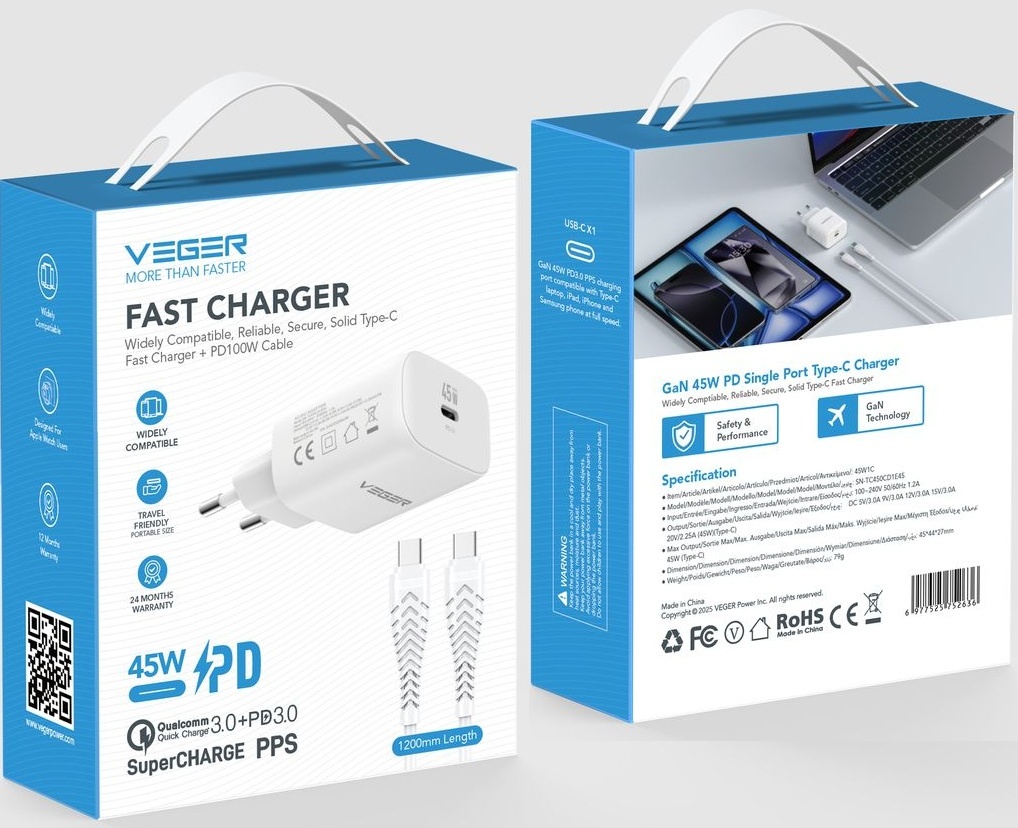 Veger snellader 45 Watt + USB-C Kabel 1,5m Nylon Wit