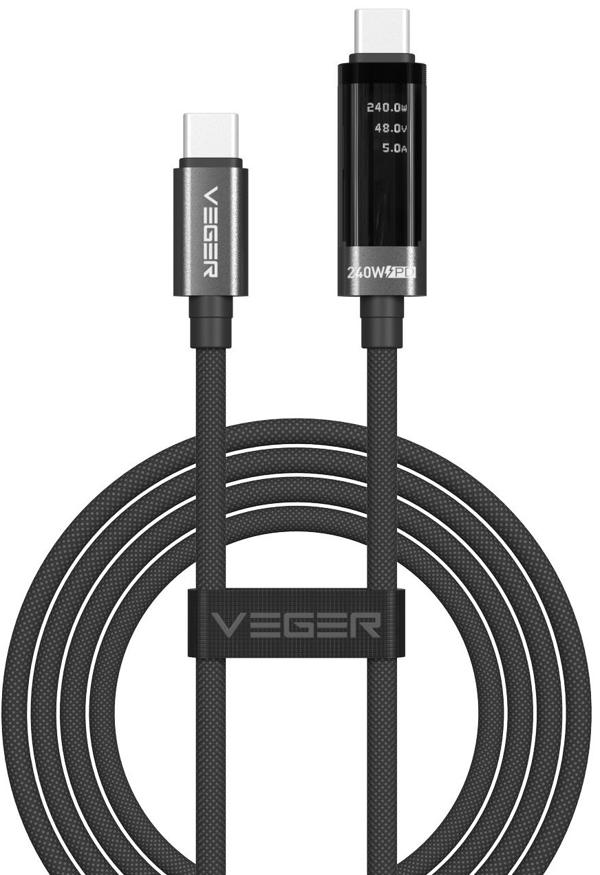 Veger DC120 USB-C naar USB-C kabel 1.5m Braided Aluminium 240 Watt met display