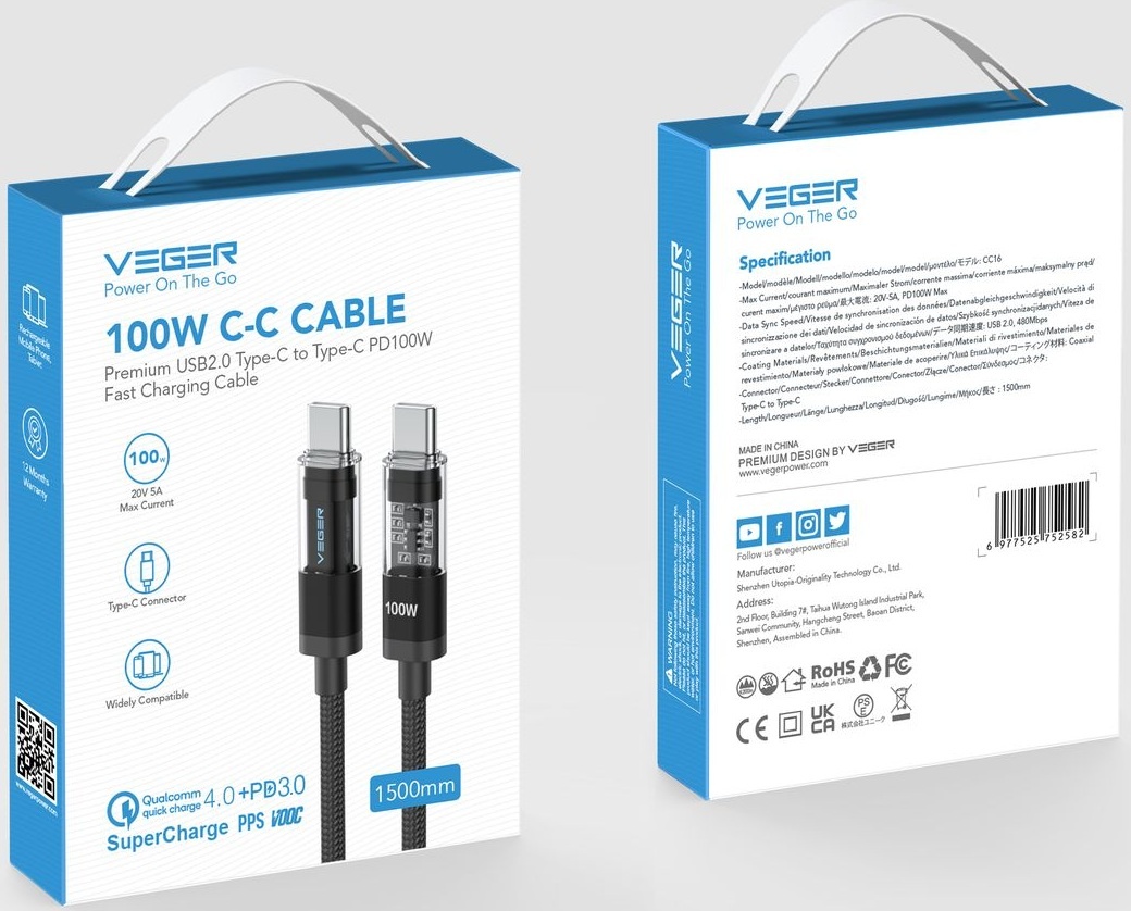 Veger CC16 USB-C naar USB-C kabel 1.5m Braided Aluminium 100 Watt met display