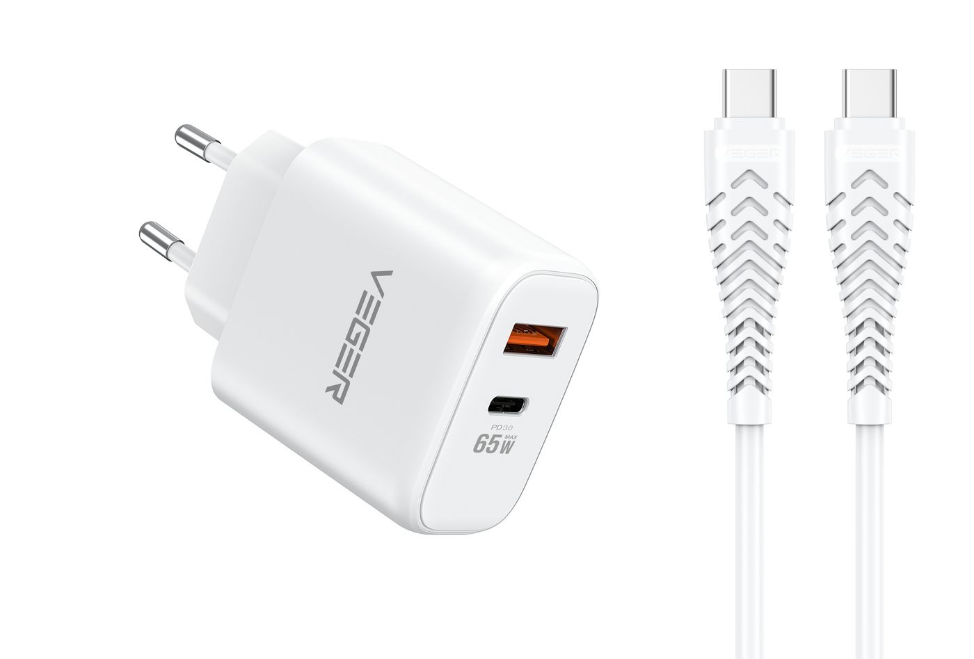 Veger snellader 65 Watt 2x USB Poort + USB-C Kabel 1,5m Nylon Wit
