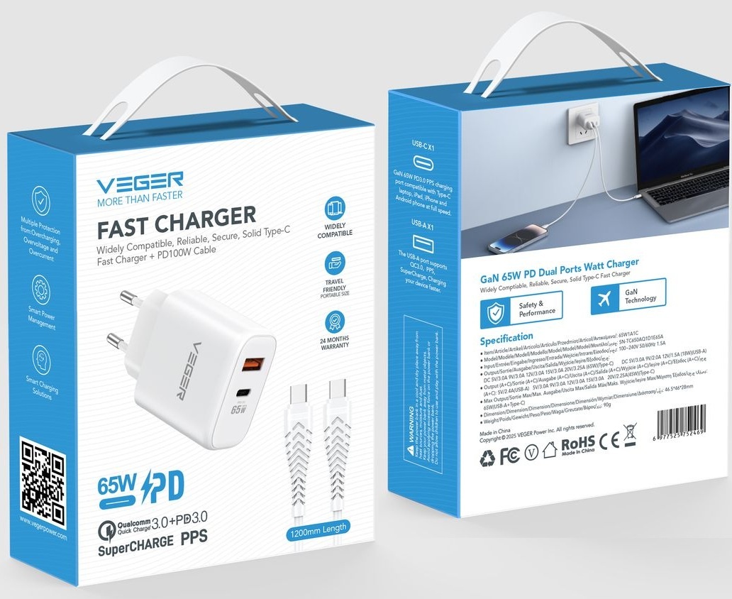 Veger snellader 65 Watt 2x USB Poort + USB-C Kabel 1,5m Nylon Wit