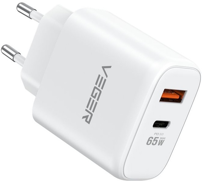 Veger snellader 65 Watt 2x USB Poort + USB-C Kabel 1,5m Nylon Wit