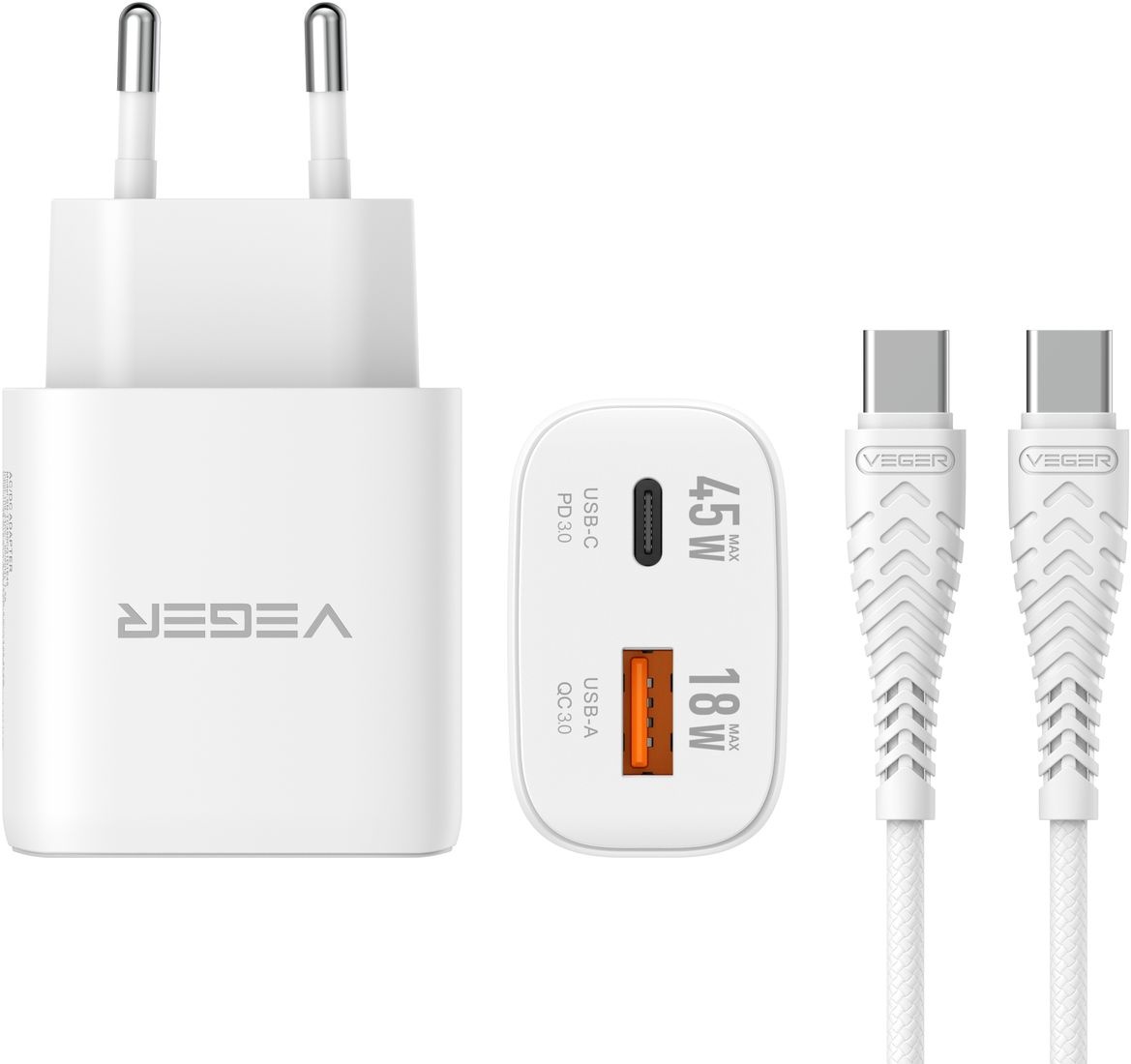Veger snellader 45 Watt 2x USB Poort + USB-C Kabel 1,5m Nylon Wit