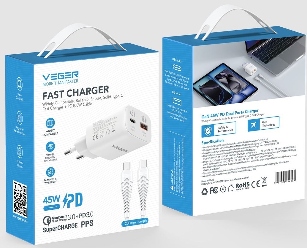 Veger snellader 45 Watt 2x USB Poort + USB-C Kabel 1,5m Nylon Wit