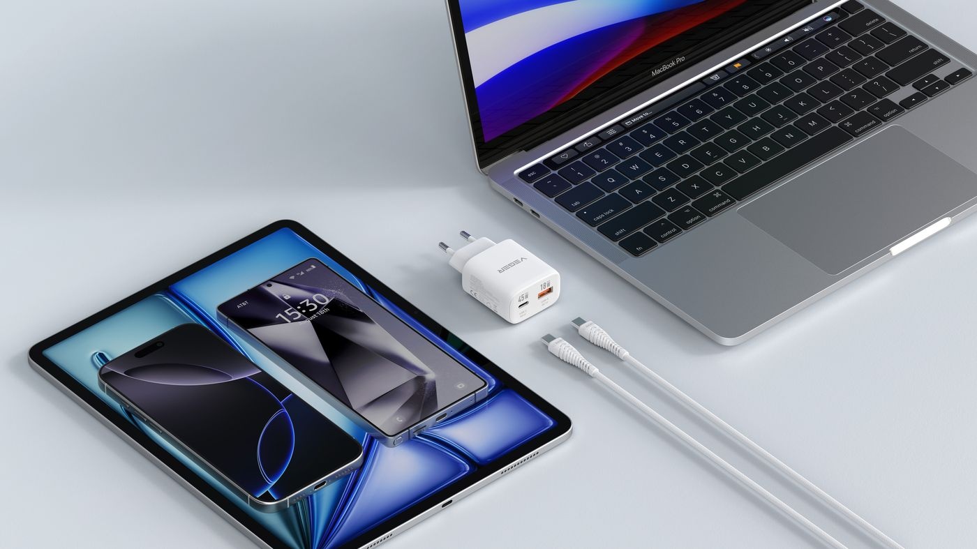 Veger snellader 45 Watt 2x USB Poort + USB-C Kabel 1,5m Nylon Wit