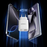Veger snellader 45 Watt 2x USB Poort + USB-C Kabel 1,5m Nylon Wit