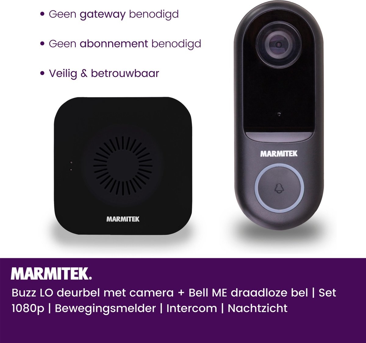 Marmitek Buzz LO + Bell ME Zwart - Deurbel met camera + Gong zwart - Beveiligingscamera