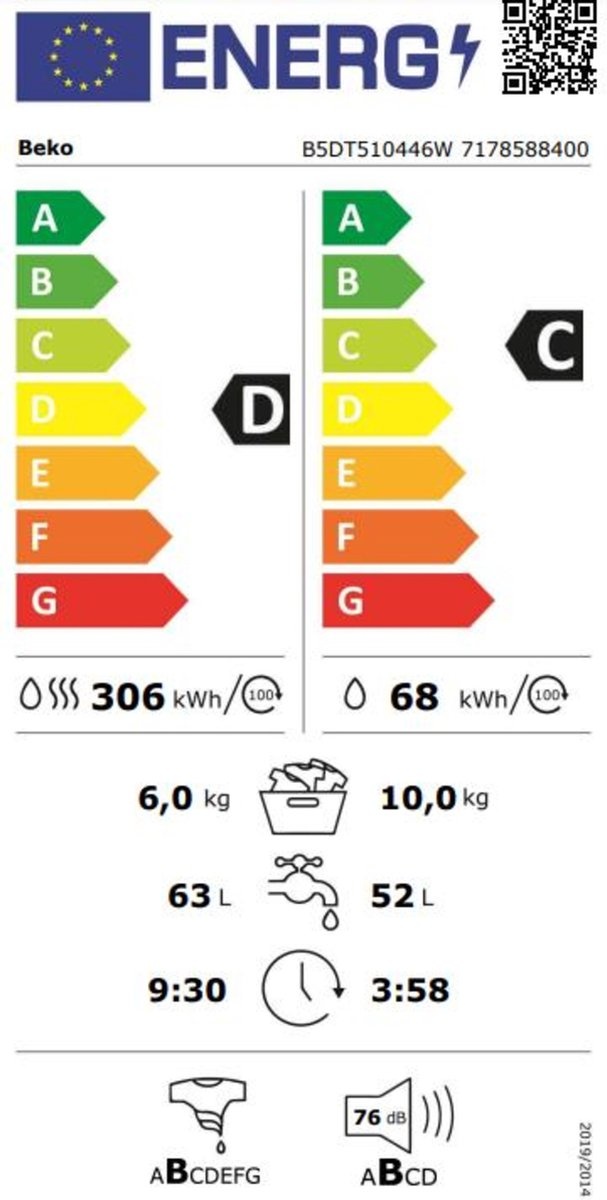 Beko B5DT510446W - Was-droogcombinatie