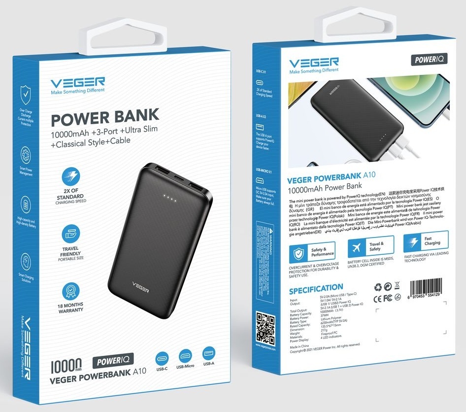 Veger A10 W1065 10.000 mAh Zwart - Powerbank