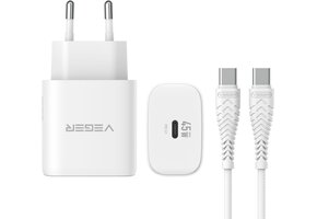 Veger snellader 45 Watt + USB-C Kabel 1,5m Nylon Wit