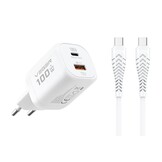 Veger snellader 100 Watt 2x USB Poort + USB-C Kabel 1,5m Nylon Wit