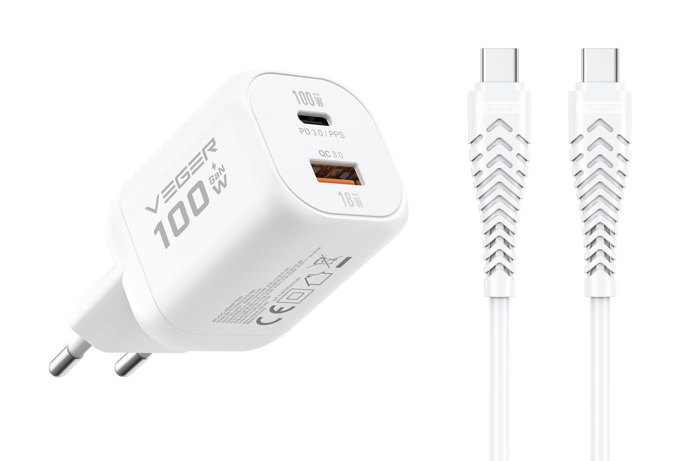 Veger snellader 100 Watt 2x USB Poort + USB-C Kabel 1,5m Nylon Wit