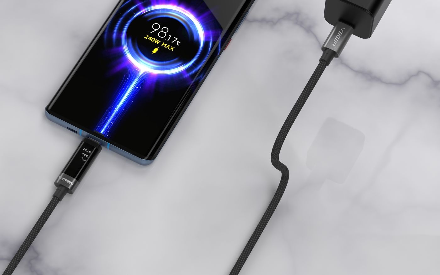 Veger DC120 USB-C naar USB-C kabel 1.5m Braided Aluminium 240 Watt met display