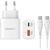 Veger snellader 45 Watt 2x USB Poort + USB-C Kabel 1,5m Nylon Wit