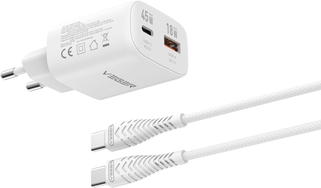 Veger snellader 45 Watt 2x USB Poort + USB-C Kabel 1,5m Nylon Wit