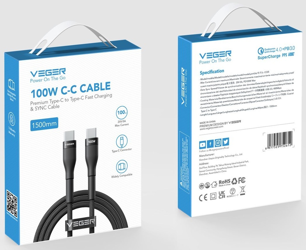 Veger CC05 USB-C naar USB-C kabel 1.5m Braided Aluminium 100Watt