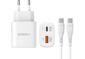 Veger snellader 45 Watt 2x USB Poort + USB-C Kabel 1,5m Nylon Wit